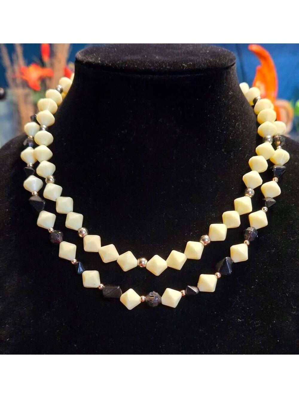 (2) Vintage Black and Ivory Faceted Bead Necklaces